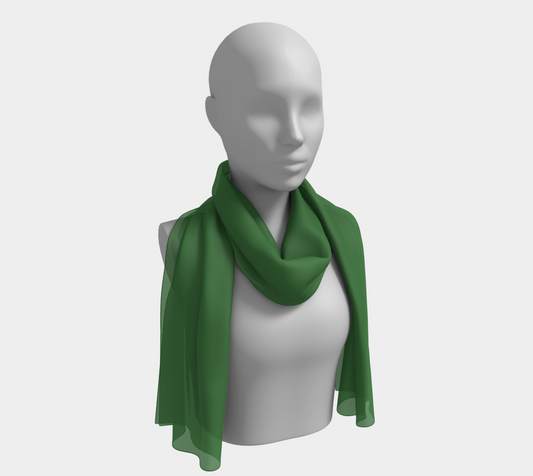 Queen of Petals The Cartographer Forest Green Long Silk Scarf, draped as shoulder throw on model, 16" × 72" silk charmeuse