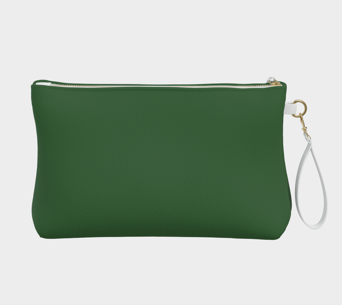 Queen of Petals The Cartographer Hunter Green Clutch, back view, 10" × 6" × 3" dimensions with navy lining