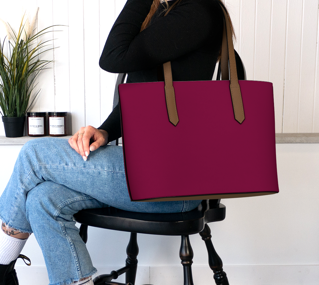 Queen of Petals The Colorist Burgundy Magenta Tote, worn on shoulder with 22 inch strap, fits laptop