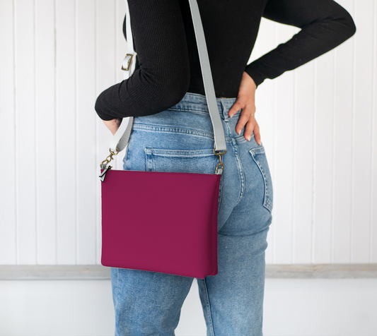 Queen of Petals The Colorist Wine Magenta Crossbody, worn on shoulder with adjustable strap, hands-free design
