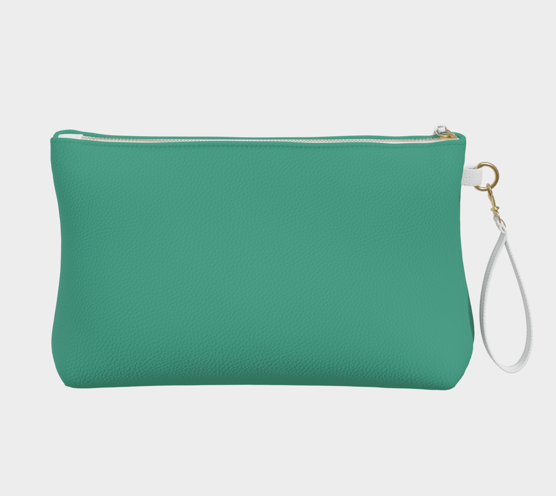 Queen of Petals The Herbarium Sea Green Clutch, back view showing metal zipper and tassel detail