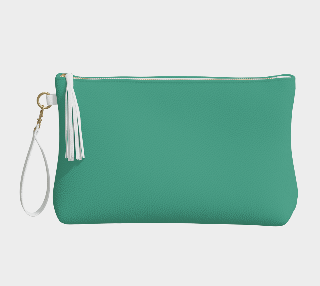 Queen of Petals The Herbarium Sea Green Clutch, front view, cooler jade tone in smooth vegan pebble leather