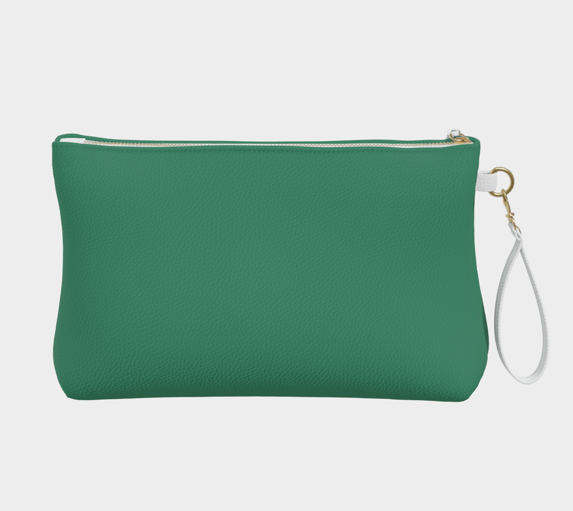 Queen of Petals The Prop Master Deep Emerald Clutch, back view showing metal zipper and navy twill lining