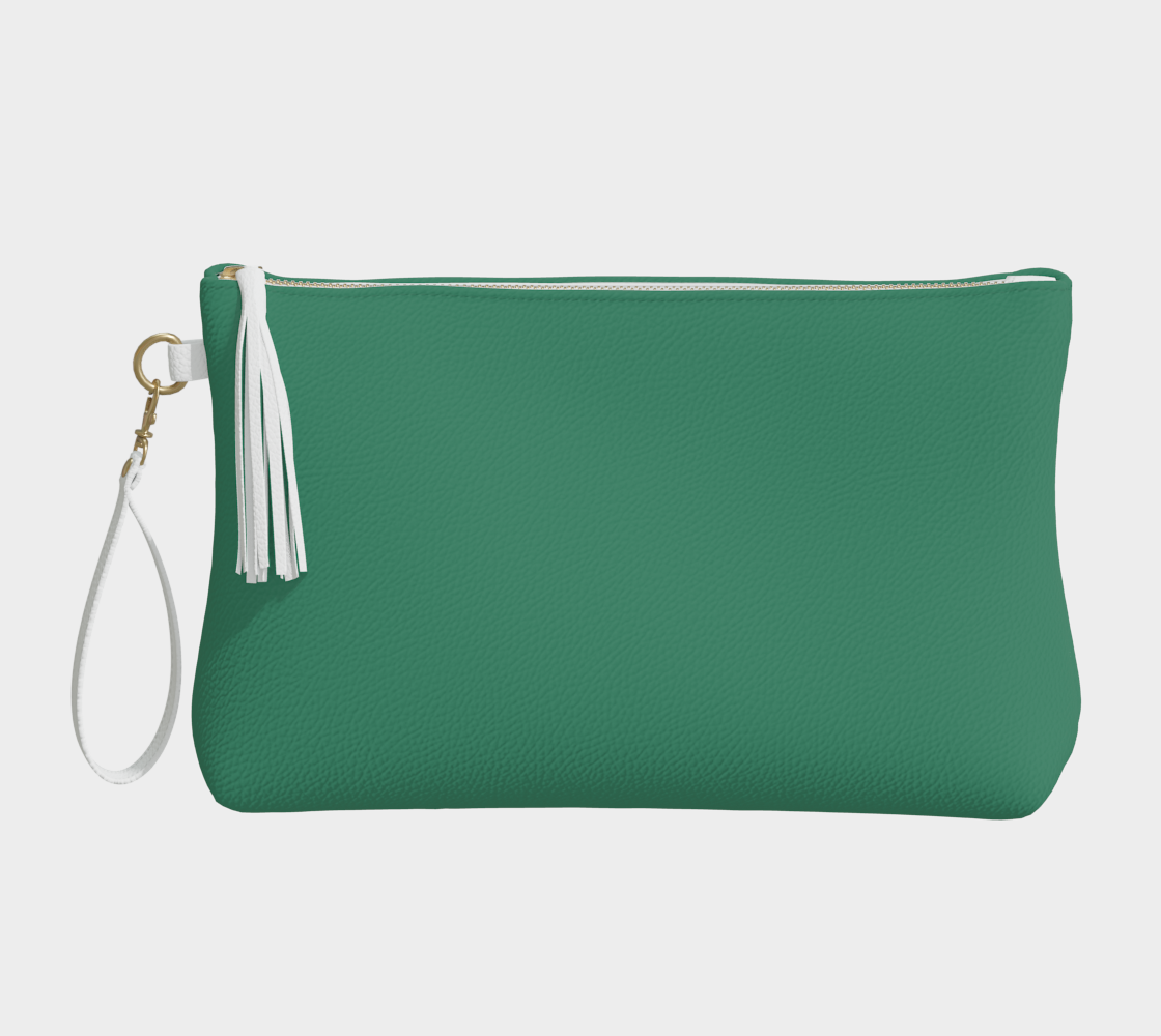 Queen of Petals The Prop Master Deep Emerald Clutch, front view, smooth vegan pebble leather with decorative tassel