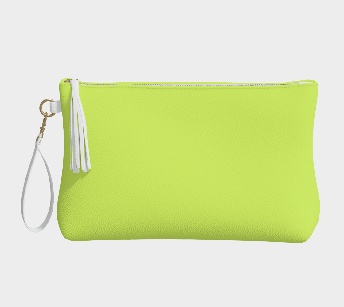 Queen of Petals The Propagator Chartreuse Clutch, front view, vegan pebble leather with white tassel