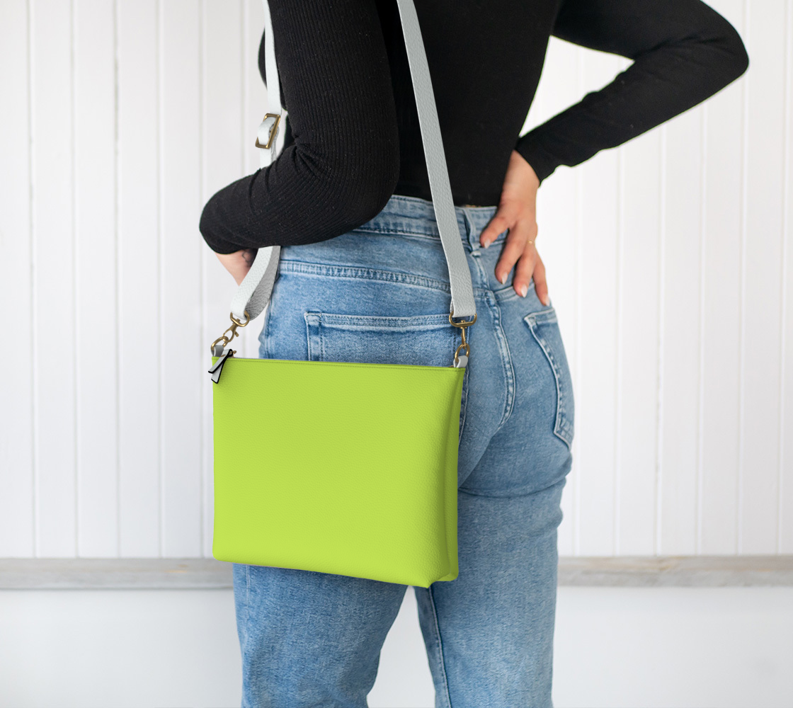 Queen of Petals The Propagator Chartreuse Green Crossbody Purse, worn crossbody showing adjustable strap