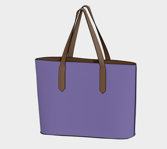Queen of Petals The Steward Purple Lavender Tote Bag, front view showing lavender vegan pebble leather with brown handles