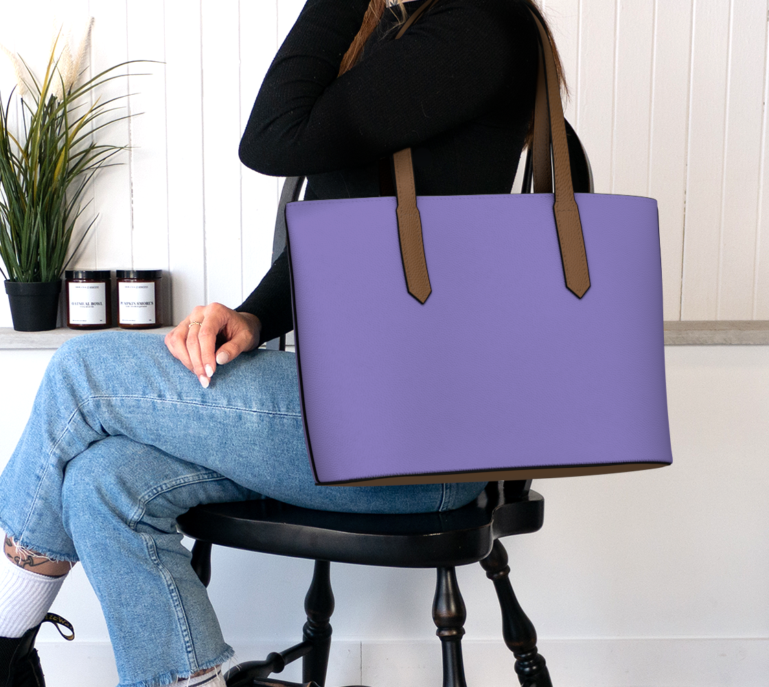 Queen of Petals The Steward Purple Lavender Tote Bag, worn on shoulder showing 22" strap length