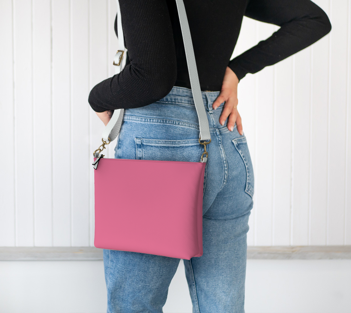 Queen of Petals The Tender Cerise Rose Crossbody, worn crossbody style, adjustable strap 26"-46"