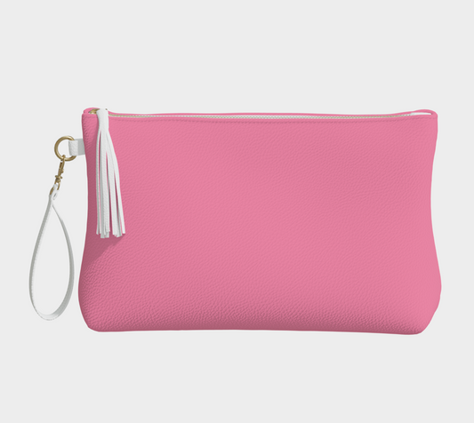 Queen of Petals The Tender Raspberry Rose Clutch, front view, vegan pebble leather with tassel detail