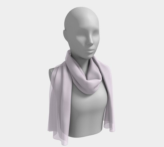 Queen of Petals Twilight Lilac Long Scarf, draped over shoulders, 16 by 72 inch silk charmeuse