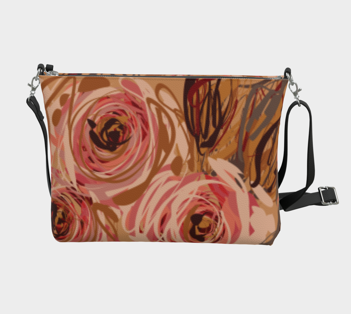 Queen of Petals Vintage Blooms Vegan Leather Crossbody Purse, back view, showing adjustable strap and metal hardware