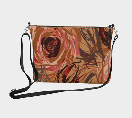 Queen of Petals Vintage Blooms Vegan Leather Crossbody Purse, front view, in caramel and espresso tones