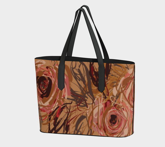 Queen of Petals Vintage Blooms Vegan Leather Tote Bag, front view, featuring vintage rose print on pebble leather