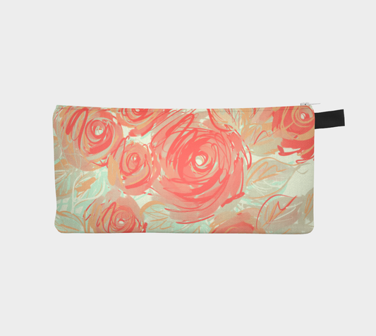 Front view of Xyla artist pouch featuring coral rose artwork on textured canvas with white YKK zipper