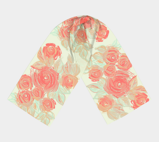 Xyla long silk scarf laid flat displaying full coral rose print with apricot, mint, and clay brushstrokes on dewlight background