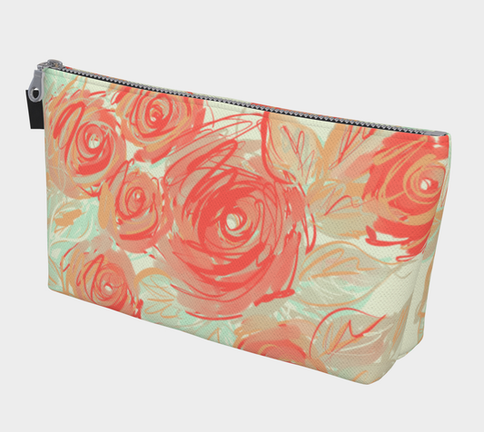 Front view of Xyla makeup bag featuring coral rose artwork on textured canvas with vegan leather pull tab