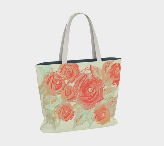 Back view of Xyla Sovereign tote bag showing coral floral print and cotton webbing straps