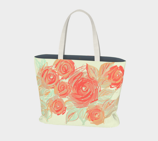 Front view of Xyla Sovereign tote bag featuring coral rose artwork on heavyweight cotton canvas