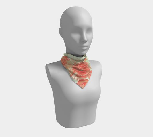 Model wearing 16x16 Xyla square silk scarf as neck accessory, showcasing coral rose print in compact styling