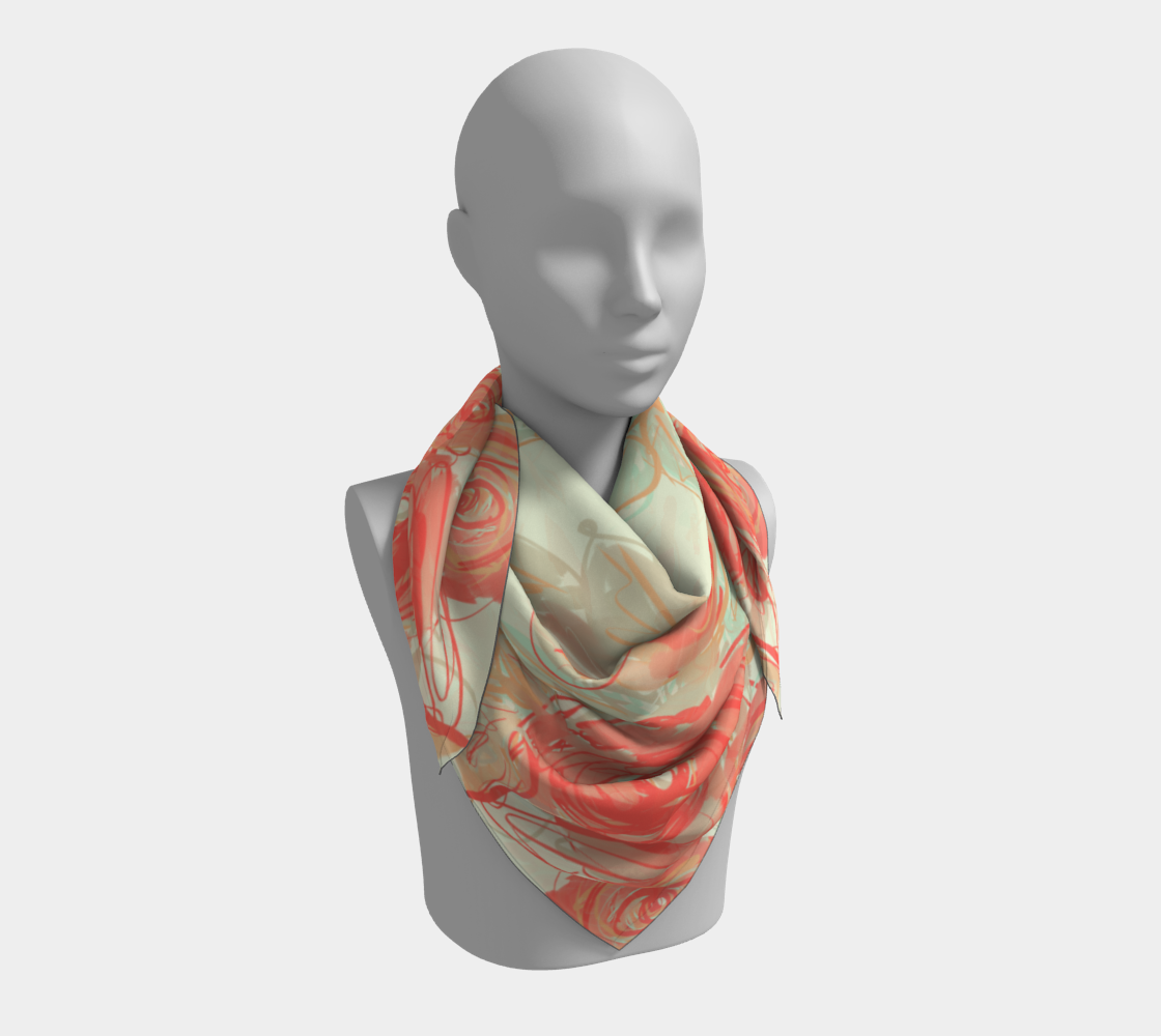Model wearing 36x36 Xyla square silk scarf draped over shoulder, featuring coral and apricot floral artwork