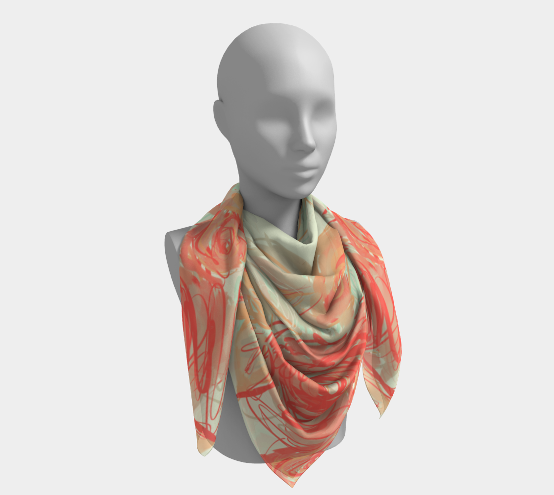 Model styling 50x50 Xyla square silk scarf as statement headwrap, showcasing full coral rose print with clay details