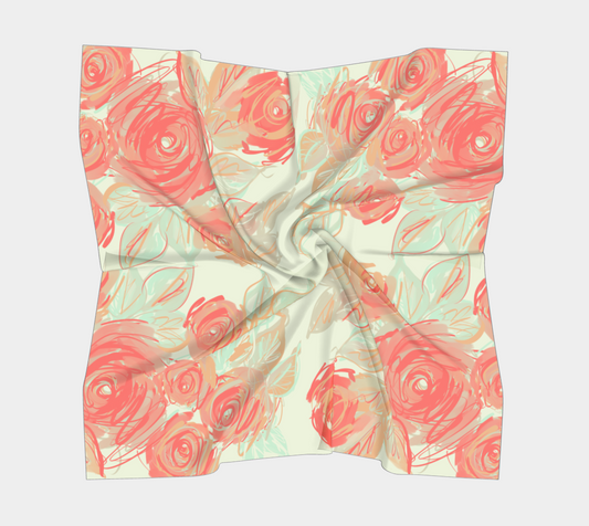 Xyla square silk scarf laid flat displaying complete coral rose artwork with apricot, mint, and clay brushstrokes on dewlight background