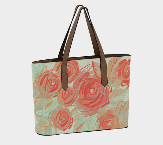 Back view of Xyla vegan leather tote bag showing coral floral print and construction details