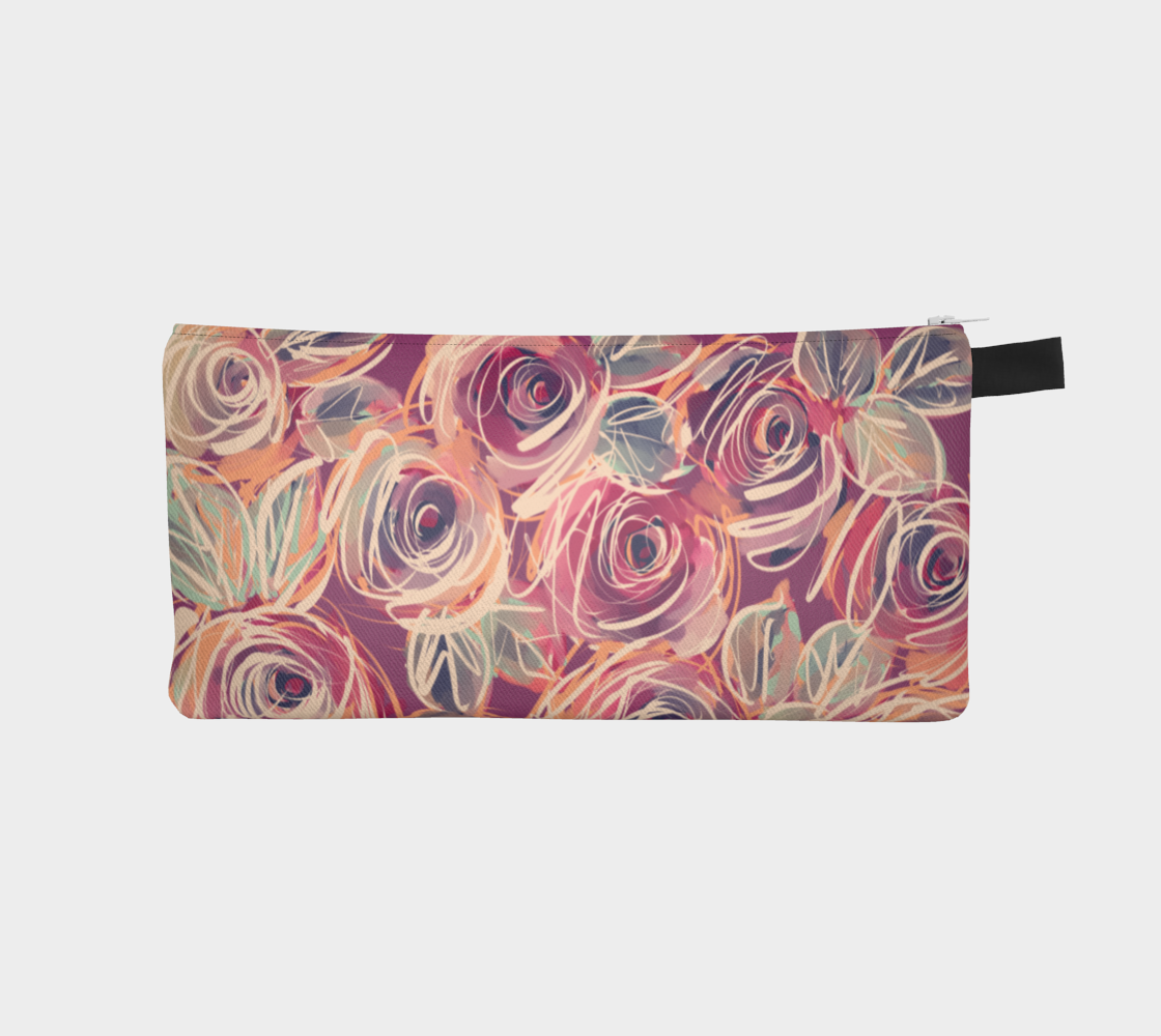 Front view of the Zenith Rose Artist Pouch – a bold pink floral pouch made from durable canvas, perfect as a pencil case, makeup bag, or clutch. Features vivid petal print, sleek white zipper, and compact design for artists and creators on the go.