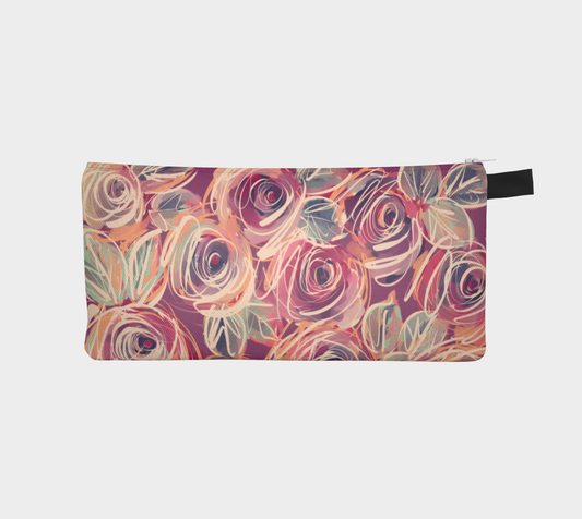 Front view of the Zenith Rose Artist Pouch – a bold pink floral pouch made from durable canvas, perfect as a pencil case, makeup bag, or clutch. Features vivid petal print, sleek white zipper, and compact design for artists and creators on the go.