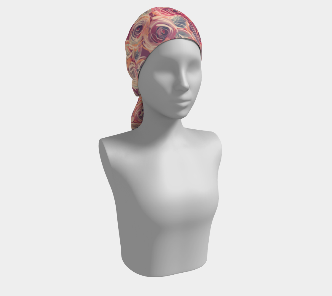Zenith Rose scarf styled as a headwrap, flowing silk with vibrant rose tones wrapped around a model's head, exuding feminine strength and bohemian elegance.