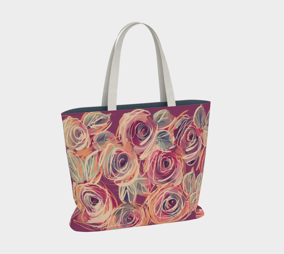 Back view of the Zenith Rose Sovereign Tote Bag showing vibrant, swirling hand-painted roses in coral, blush, and berry tones on durable cotton canvas. Spacious, lined interior with zippered and slip pockets for organized essentials.