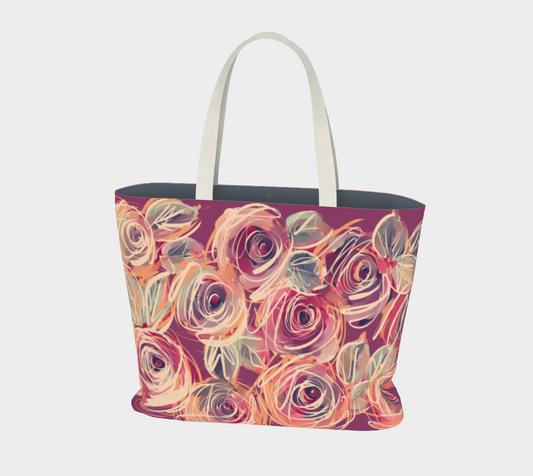Front view of Zenith Rose Sovereign Tote Bag with hand-painted coral, blush, and berry roses on wine-red cotton canvas. Oversized structured design.