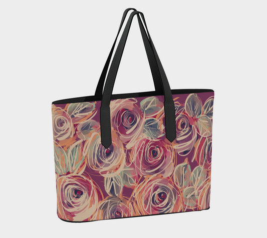 Side view of Zenith Rose tote with black straps and base, highlighting the structured shape and smooth vegan leather finish.