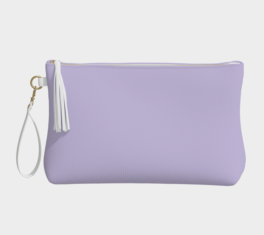 Queen of Petals The Steward Periwinkle Lavender Clutch, front view, UV-cured vegan pebble leather with decorative tassel