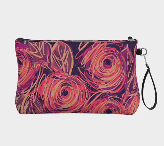 Yvaine Vegan Leather Clutch back view displaying complete floral artwork in bold twilight hues on smooth vegan leather