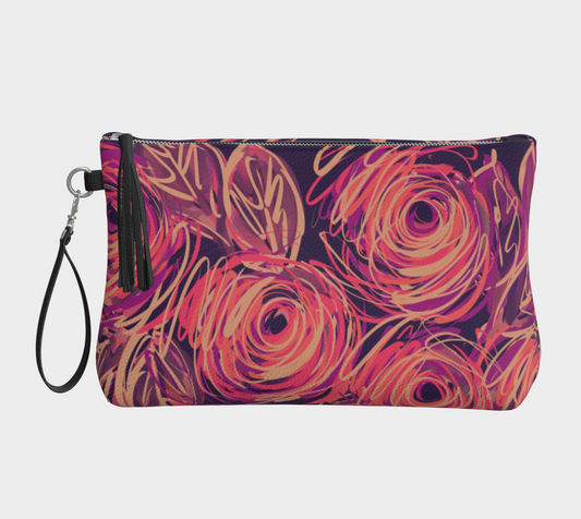Yvaine Vegan Leather Clutch front view showing fire and florals in saturated twilight palette, elegance that fits in your hand