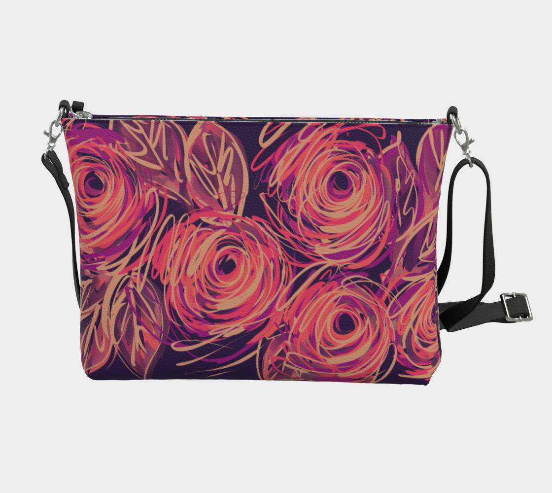 Yvaine Crossbody Purse back view displaying complete abstract rose artwork in vibrant buff, coral, fuchsia and violet palette