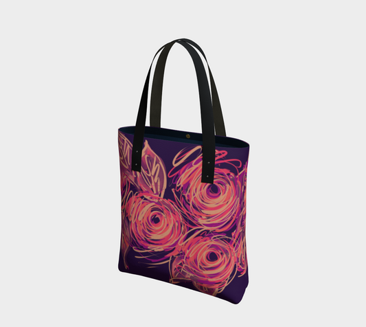 Yvaine Studio Tote Bag front view showing bold coral and gold roses blooming across rich violet canvas, designed for creators by Queen of Petals